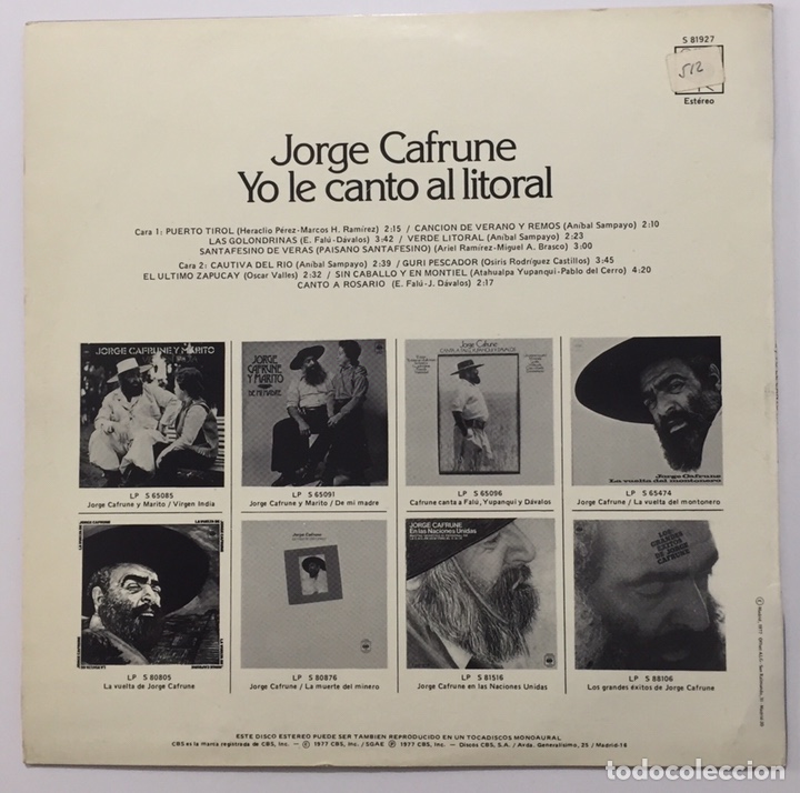 Discos de vinilo: LP JORGE CAFRUNE - YO LE CANTO AL LITORAL - Foto 2