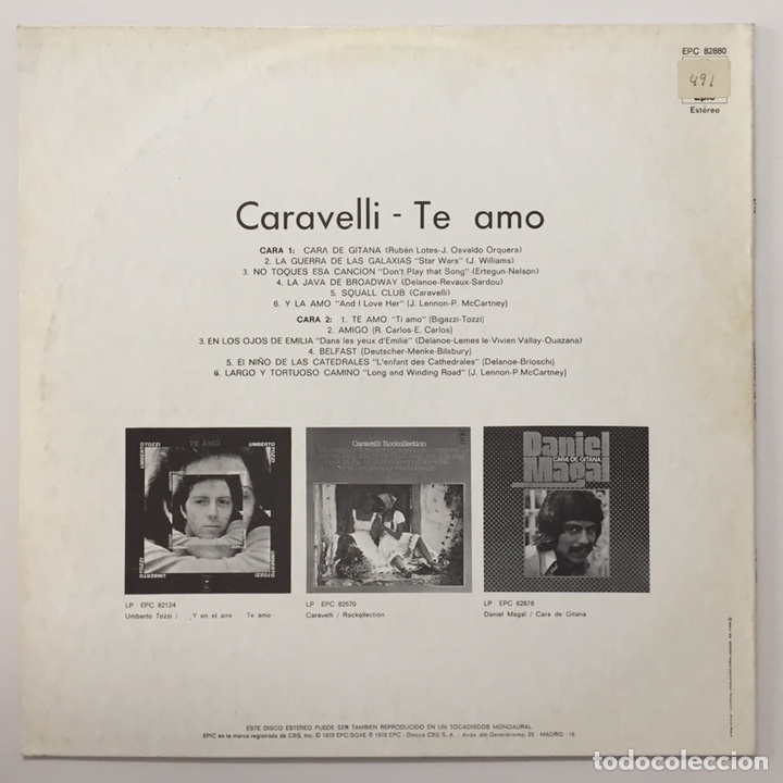Discos de vinilo: LP CARAVELLI TE AMO - EPIC, Espa&ntilde;a 1978 - Foto 2