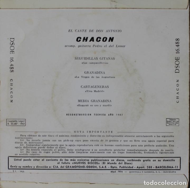 Discos de vinilo: DON ANTONIO CHACON// SEGUIDILLAS GITANAS+3// EP// 1962// ODEON - Foto 2