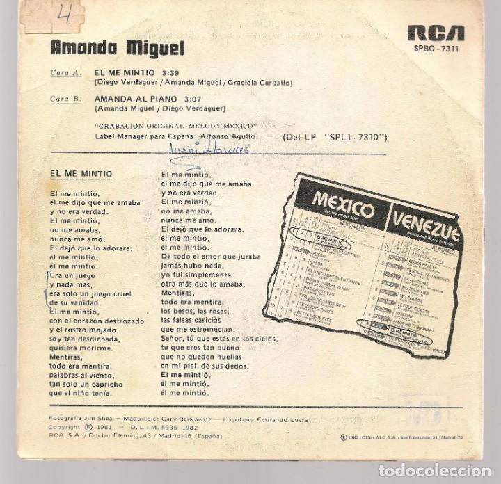Discos de vinilo: SINGLES/. AMANDA MIGUEL. EL ME MINTI&Oacute;. (P/B72)C/1 - Foto 2