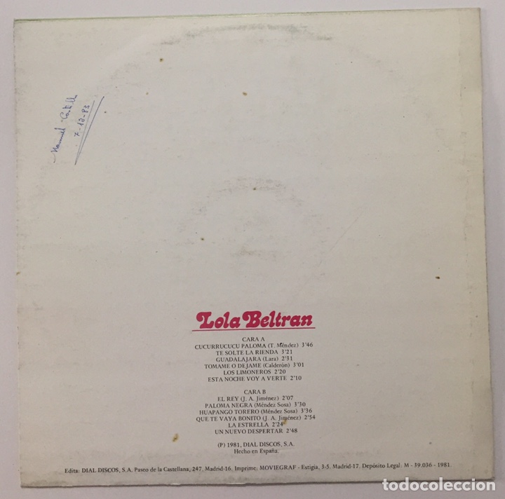 Discos de vinilo: LP LOLA BELTR&Aacute;N - Spain, 1981 - Foto 2