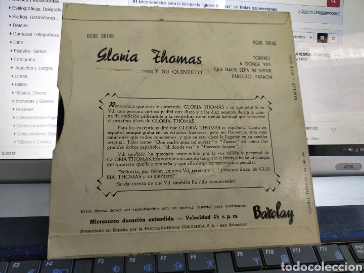 Discos de vinilo: Gloria Thomas EP torero + 3 Espa&ntilde;a 1961 - Foto 2