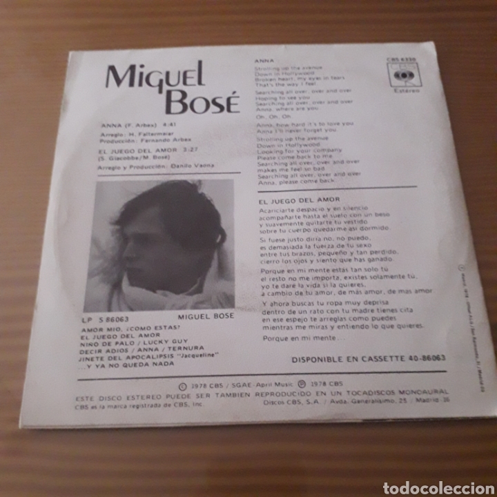 Discos de vinilo: Disco de Vinilo (Single) Miguel Bose &rdquo;Anna&rdquo; - Foto 2