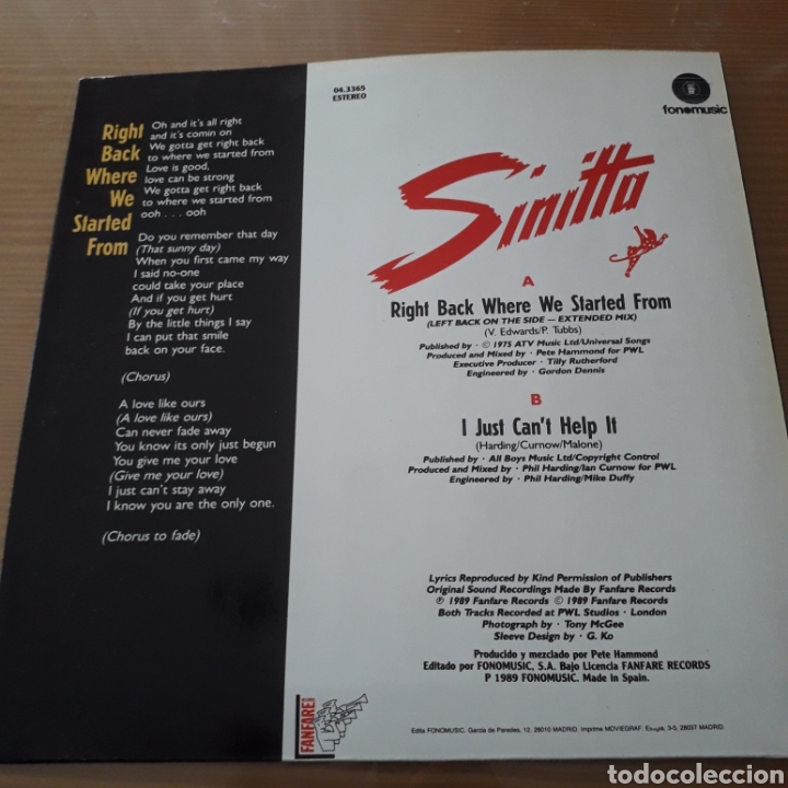 Discos de vinilo: Disco de Vinilo (Maxi) Sinitta &rdquo;Right Back Where We Started From&rdquo; - Foto 2