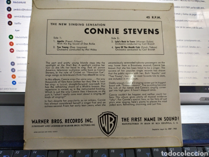 Discos de vinilo: Connie Stevens EP Apollo + 3 Espa&ntilde;a 1962 - Foto 2