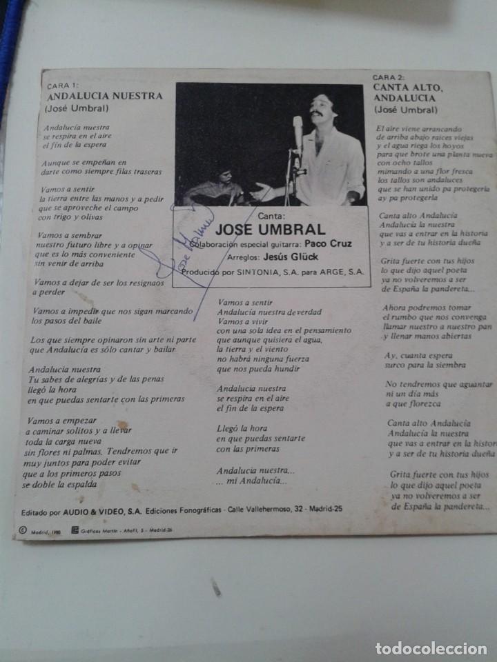 Discos de vinilo: JOSE UMBRAL - ANDALUCIA NUESTRA. SINGLE. - Foto 2