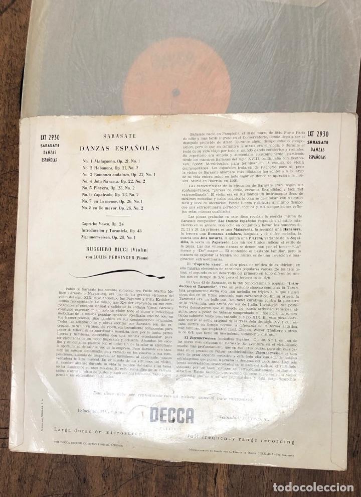 Discos de vinilo: DANZAS ESPA&Ntilde;OLAS. SARASATE. DECCA. 1954 - Foto 2