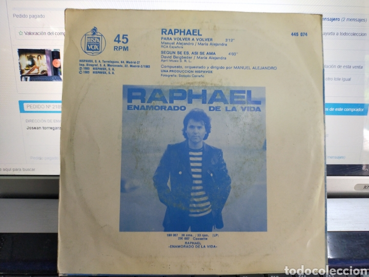 Discos de vinilo: Raphael single para volver a volver 1983 - Foto 2
