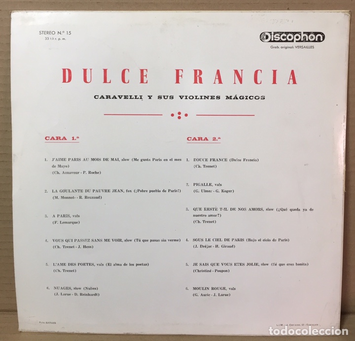 Discos de vinilo: LP DULCE FRANCIA - CARAVELLI Y SUS VIOLINES M&Aacute;GICOS - Foto 2