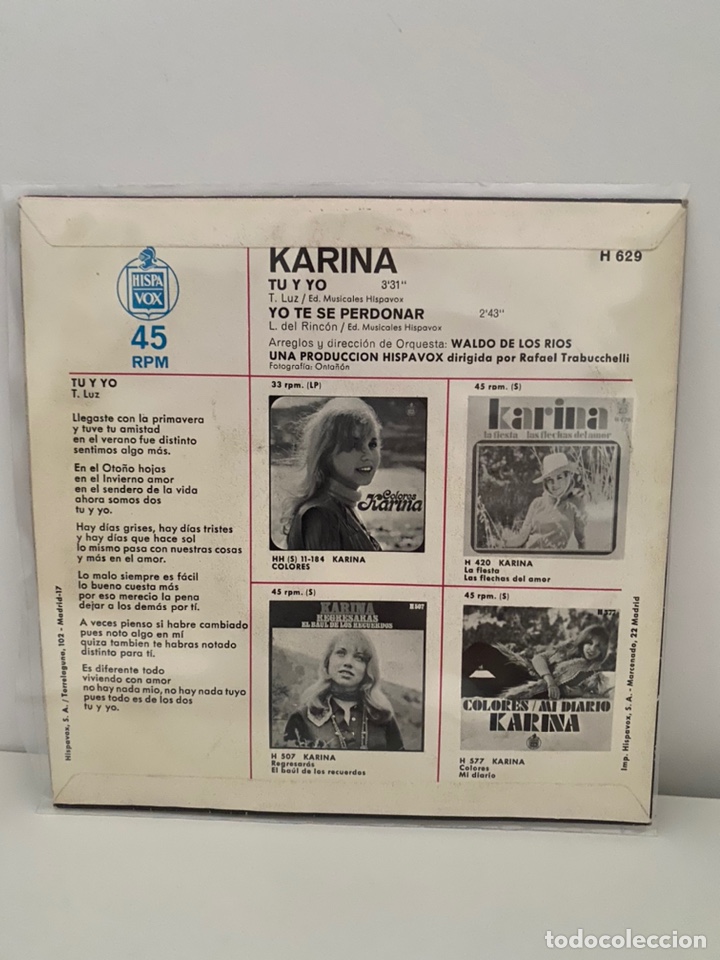 Discos de vinilo: KARINA-TU Y YO/YO TE SE PERDONAR/SINGLE 1970 HISPAVOX,ESPA&Ntilde;A - Foto 3