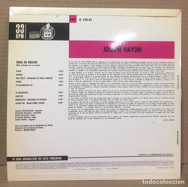 Discos de vinilo: LP JOSEPH HAYDN - MISA DE NELSON - Dir. MARIO ROSSI - Foto 2