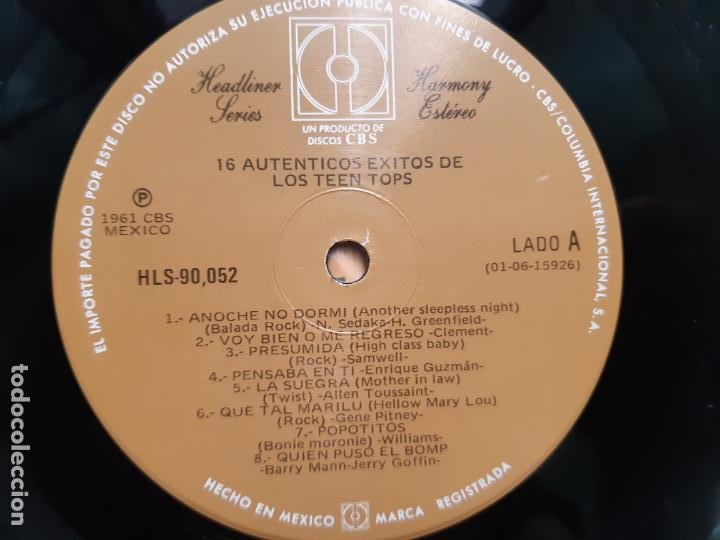 Discos de vinilo: LOS TEEN TOPS- 16 AUTENTICOS EXITOS- MEXICO LP 1985- COMO NUEVO. - Foto 3 - 212340603