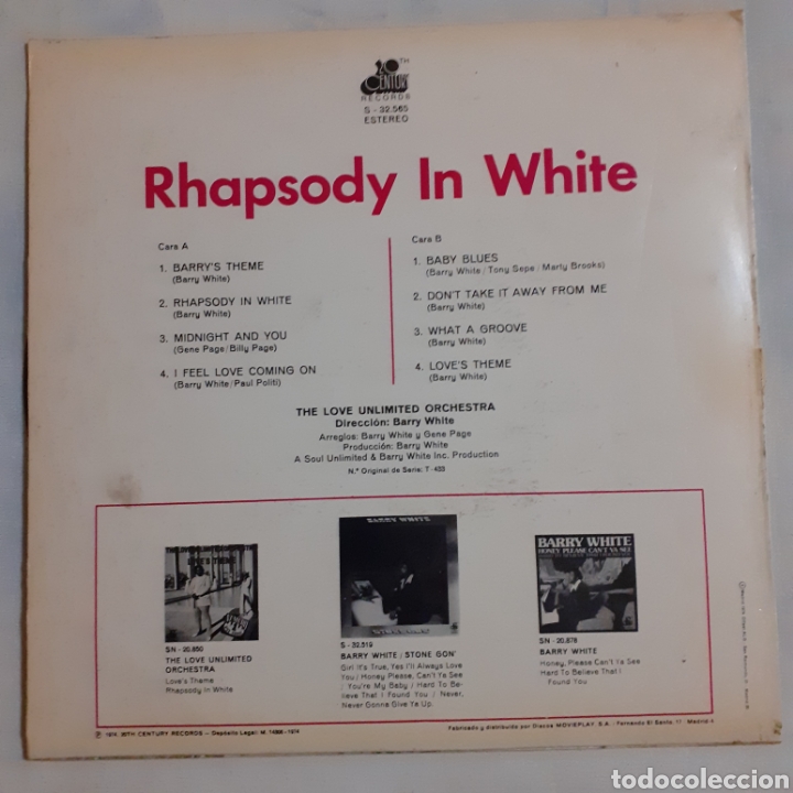 Discos de vinilo: Barry White. Rhapsody in white. S-32.565. 1974 España. - Foto 2 - 213439728