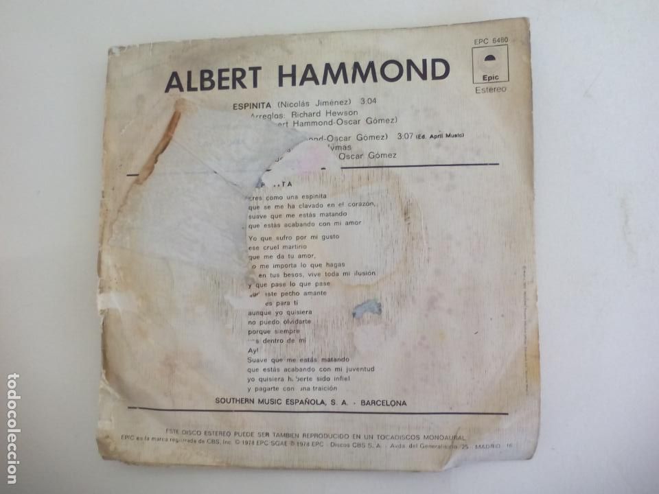 Discos de vinilo: ALBERT HAMMOND - ESPINITA. 1978. SINGLE VINILO - Foto 2