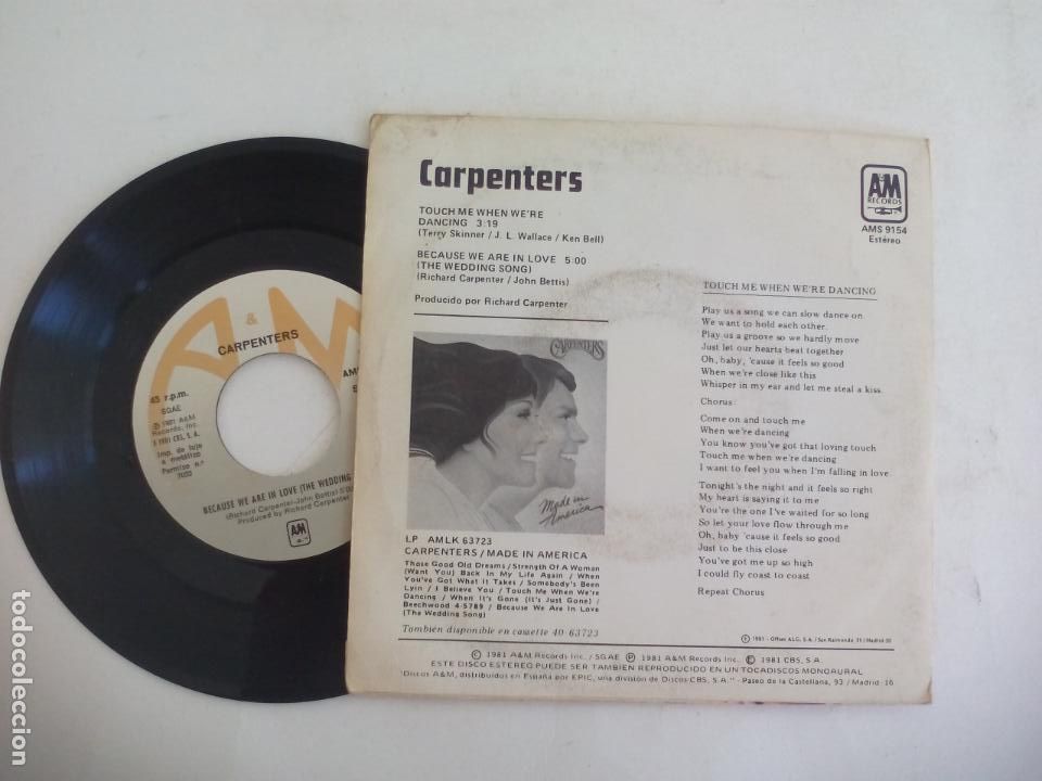 Discos de vinilo: TOCAME CUANDO BAILEMOS. LOS CARPENTERS SINGLE VINILO - Foto 2