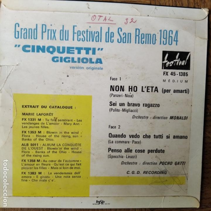 Discos de vinilo: GIGLIOLA CINQUETTI - SAN REMO 1964 - EP, NON HO LETA + 3- - Foto 2 - 214729660