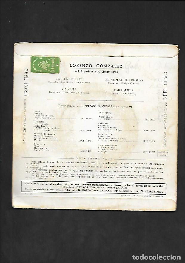 Discos de vinilo: LORENZO GONZALEZ MOLIENDO CAFE, ODEON 7 EPL 13.663 - Foto 2