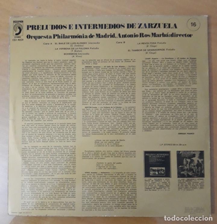 Discos de vinilo: LP PRELUDIOS E INTERMEDIOS DE ZARZUELA N&deg;1 - Foto 2