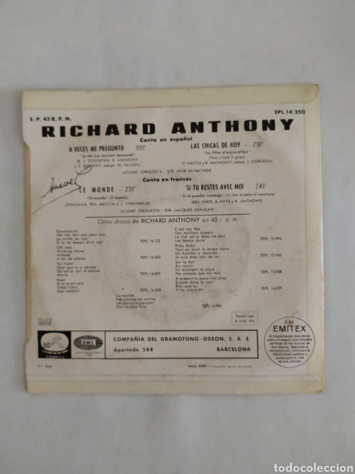 Discos de vinilo: Single vinilo Richard Anthony - Foto 2