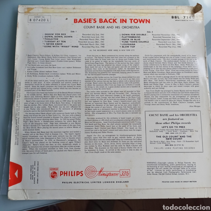 Discos de vinilo: Count Basie - Basies Back In Town (Philips - BBL.7141, UK) - Foto 2