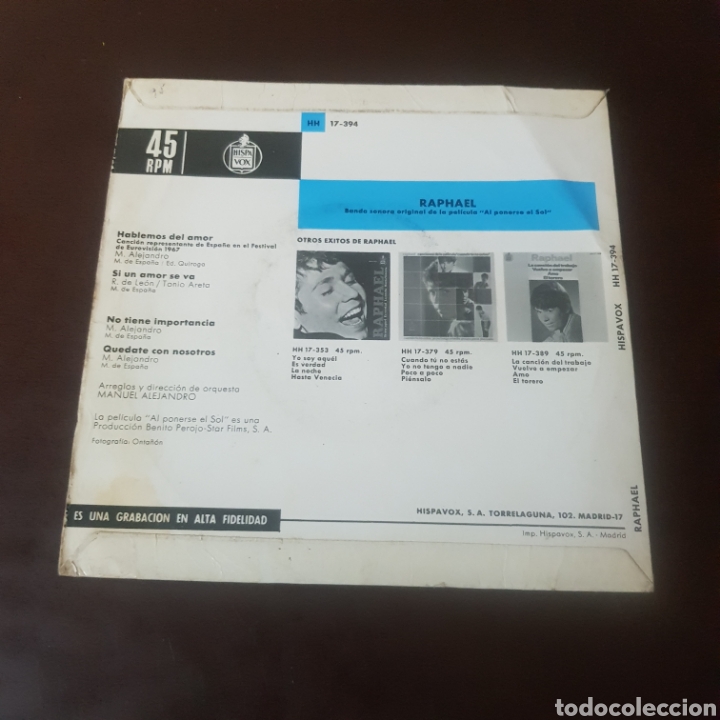 Discos de vinilo: RAPHAEL - EUROVISION 67 - HABLEMOS DEL AMOR - Foto 2