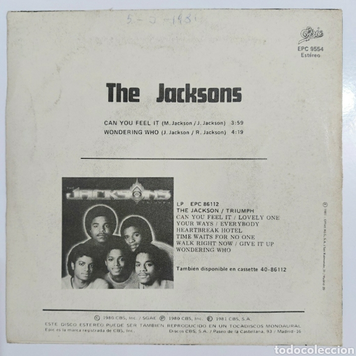 Discos de vinilo: Single The Jackson - can I feel it/1980 - Foto 2