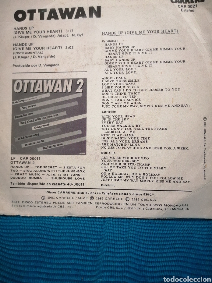 Discos de vinilo: SINGLE OTTAWAN HANDS UP &rdquo;GIVE ME YOUR HEART&rdquo; - Foto 2