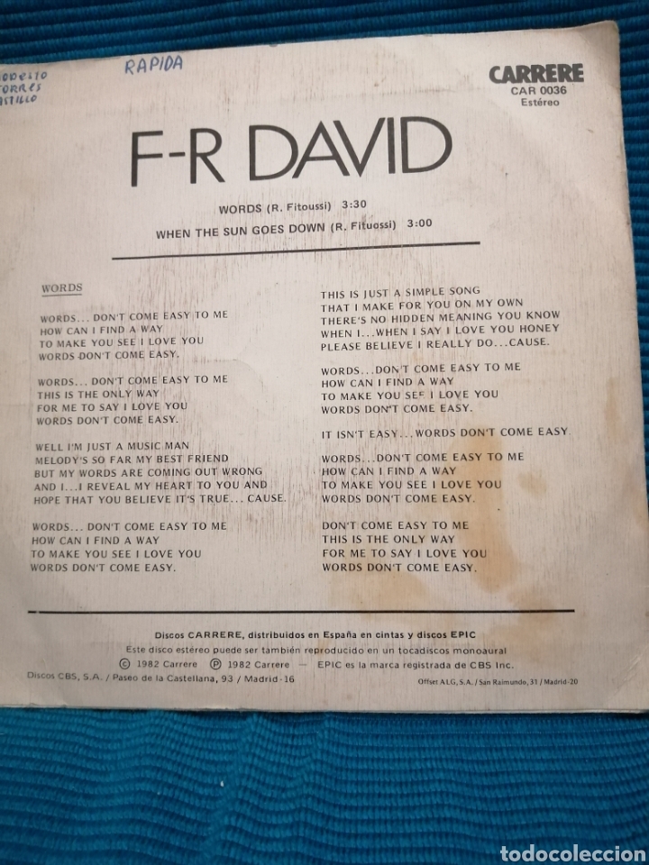 Discos de vinilo: SINGLE F-R DAVID &rdquo;WORDS&rdquo; - Foto 2