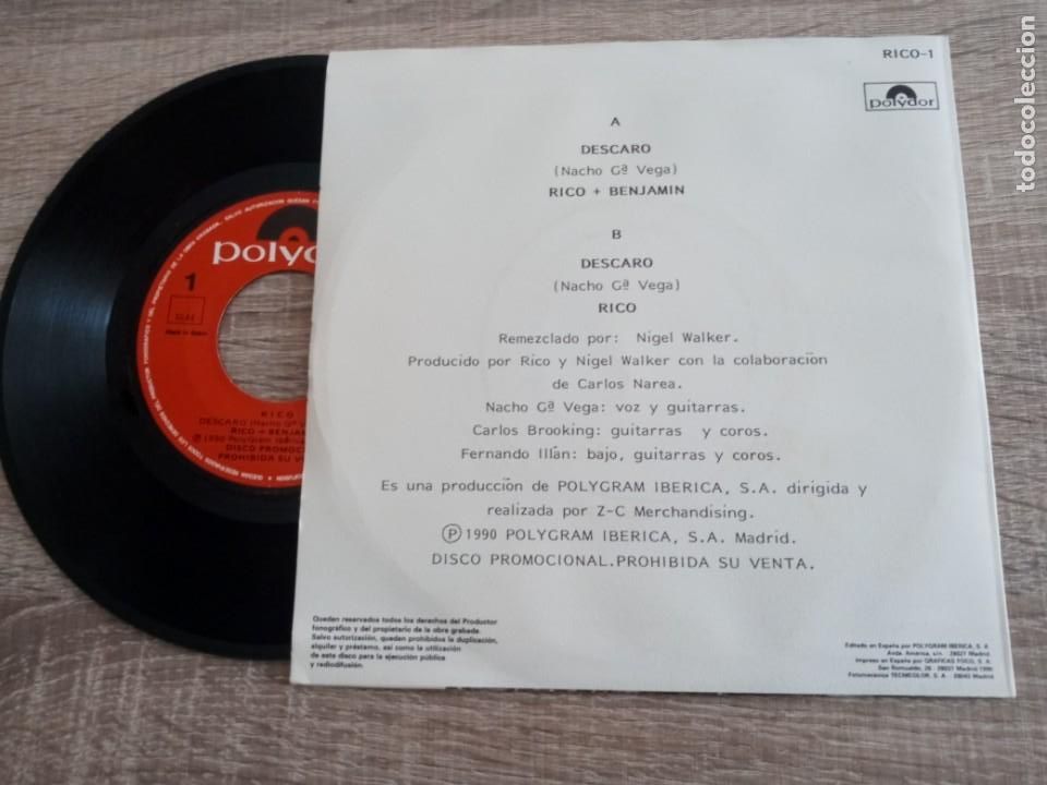 Discos de vinilo: RICO .SINGLE 1990 DESCARO .PROMOCIONAL. - Foto 2