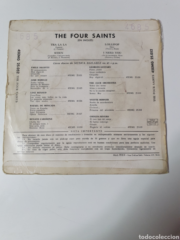 Discos de vinilo: The Four Saint (the 4 Saints), Tra La La/When/Lollipop/I Neeson You, pathe 1959. - Foto 2 - 224658046