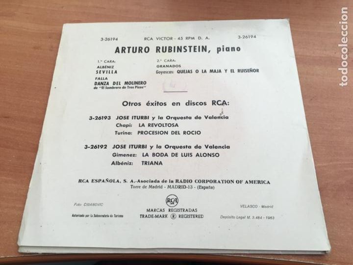 Discos de vinilo: RUBINSTEIN (SEVILLA + 2) EP ESPA&Ntilde;A 1963 (EPI19) - Foto 3