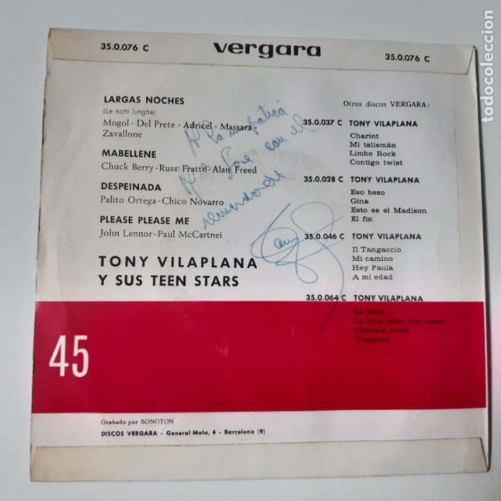 Discos de vinilo: TONY VILAPLANA Y SUS TEEN STARS- LARGAS NOCHES- EP 1964- FIRMADO POR TONY VILAPLANA. - Foto 2 - 228406150