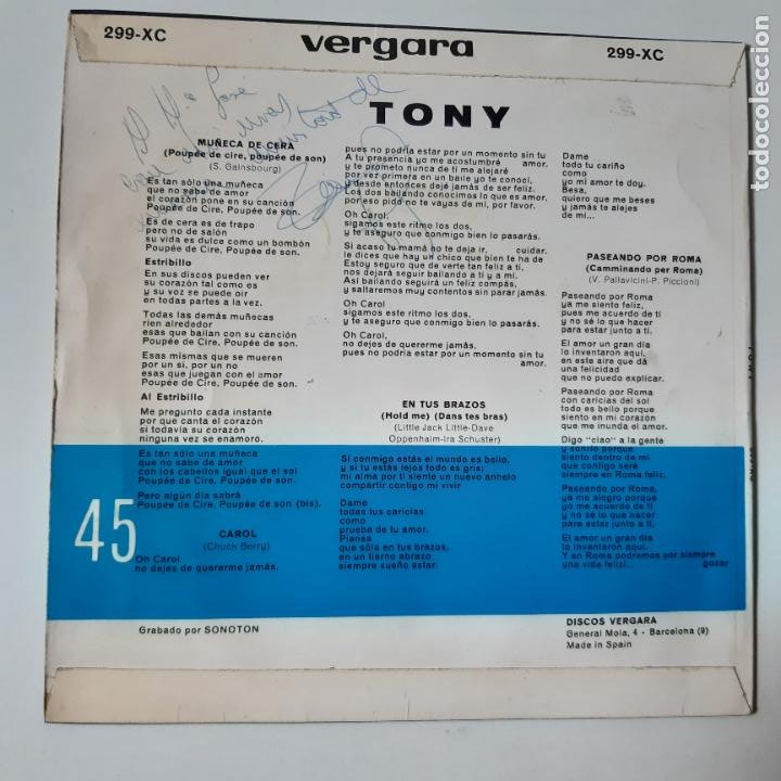 Discos de vinilo: TONY VILAPLANA- MUÑECA DE CERA - EP 1965- FIRMADO POR TONY VILAPLANA. - Foto 2 - 228407635