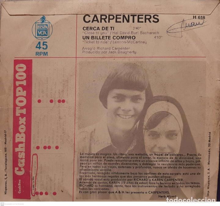 Discos de vinilo: Carpenters &lrm;&ndash; Cerca De Ti / Un Billete Compro - Foto 2