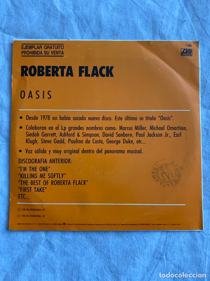 Discos de vinilo: Roberta Flack - Oasis (7&rdquo;, Single, Promo) (Atlantic) - Foto 2