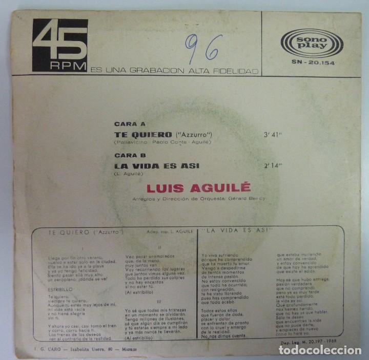 Discos de vinilo: LUIS AGUILE // TE QUIERO // 1968 // SINGLE - Foto 2