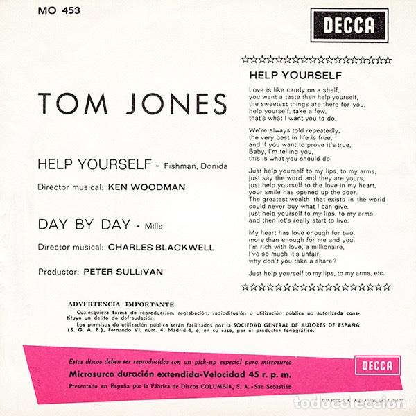 Discos de vinilo: Help Yourself / Day By Day - Tom Jones - Foto 2