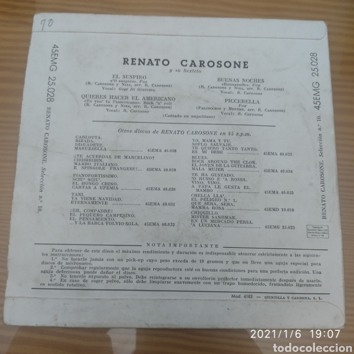 Discos de vinilo: Disco de Vinilo (Single) Renato Carosone &rdquo;El Suspiro&rdquo; - Foto 2
