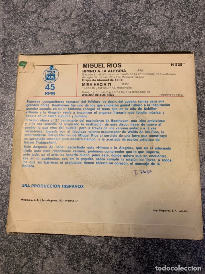 Discos de vinilo: Miguel R&iacute;os - himno de la alegria - Foto 3