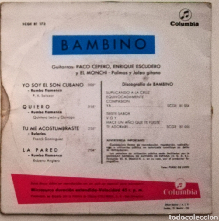 Discos de vinilo: Bambino - Yo soy el son cubano (EP) 1966 - Foto 2