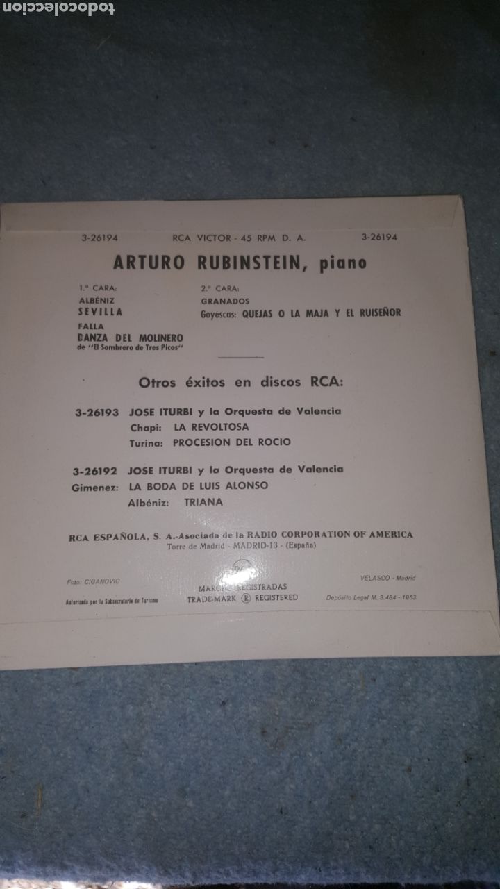 Discos de vinilo: RUBINSTEIN (SEVILLA + 2) EP ESPA&Ntilde;A 1963 (EPI19) - Foto 2