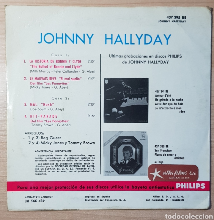 Discos de vinilo: Johnny Hallyday hush 7&rdquo; E.p. - Foto 2