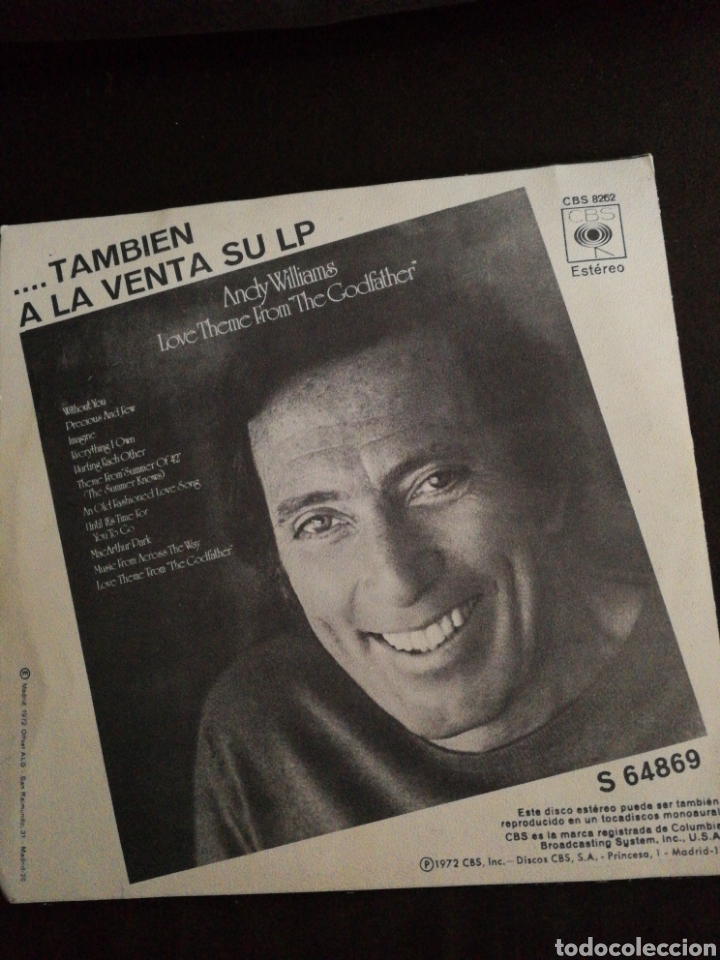 Discos de vinilo: EL PADRINO, 1972, ANDY WILLIAMS, SINGLE. - Foto 3