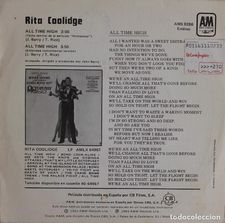 Discos de vinilo: RITA COOLIDGE//ALL TIME HIGTH//SINGLE//1983//AM RECORDS - Foto 2