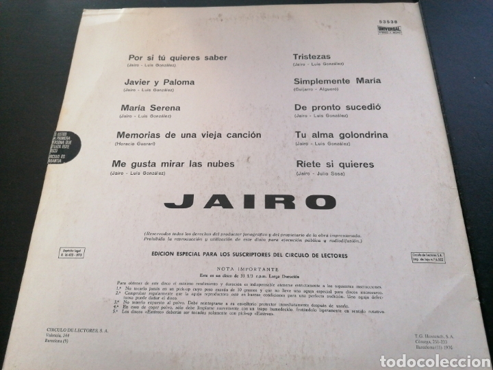 Discos de vinilo: Jairo - Edici&oacute;n C&iacute;rculo de Lectores 1973 - Foto 2