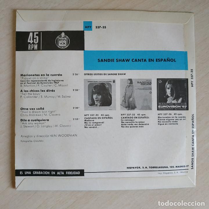 Discos de vinilo: SANDIE SHAW - CANTA EN ESPAÑOL - MARIONETAS EN LA CUERDA + 3 - EUROVISION 1967 - COMO NUEVO - Foto 2 - 243859815