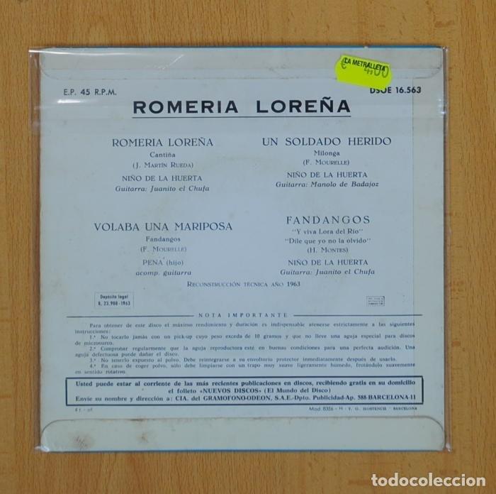 Discos de vinilo: NI&Ntilde;O DE LA HUERTA - ROMERIA LORE&Ntilde;A + 3 - EP - Foto 3
