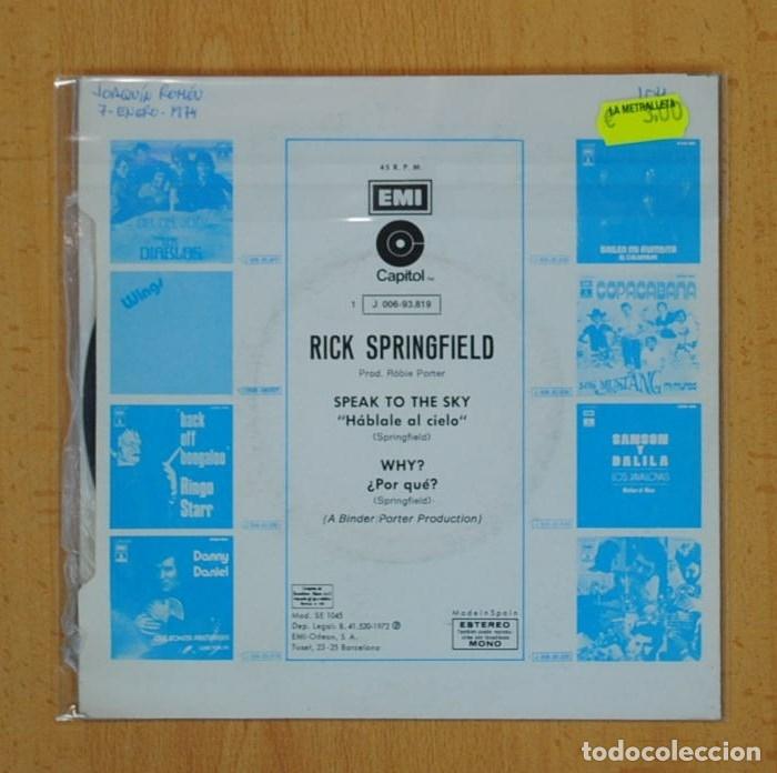 Discos de vinilo: RICK SPRINGFIELD - SPEAK TO THE SKY / WHY? - SINGLE - Foto 3