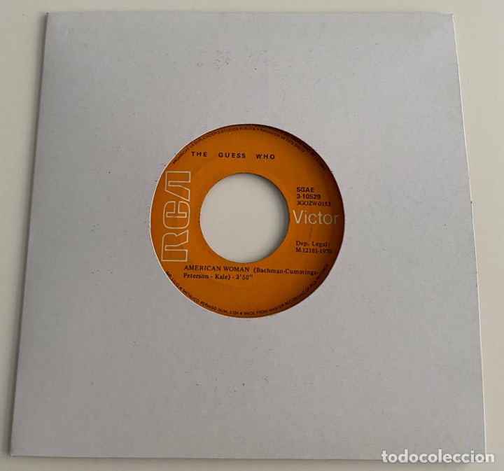 Discos de vinilo: THE GUESS WHO-AMERICAN WOMAN/NO SUGAR TONIGHT/SINGLE 1970 RCA VICTOR 3-10529,ESPA&Ntilde;A.