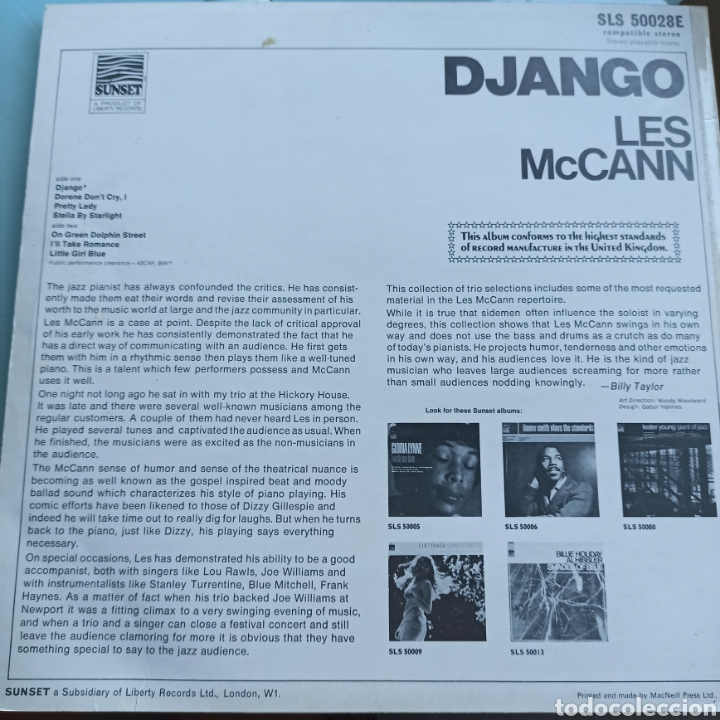 Discos de vinilo: Les McCann - Django (Sunset Records, US, 1968) - Foto 2